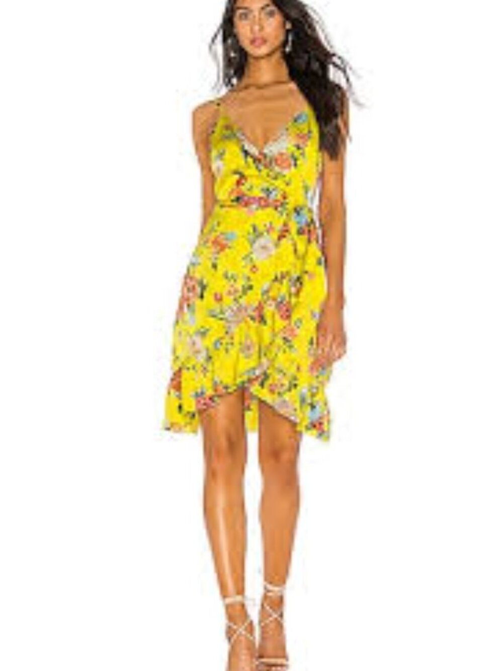 J.O.A. Ruffled Midi Wrap Dress in floral yellow back zip dress Medium